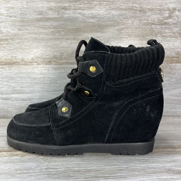 TOMMY HILFIGER Womens 'Serafin' Black Suede Textile Wedge Boots Size 6.5 - Picture 1 of 9